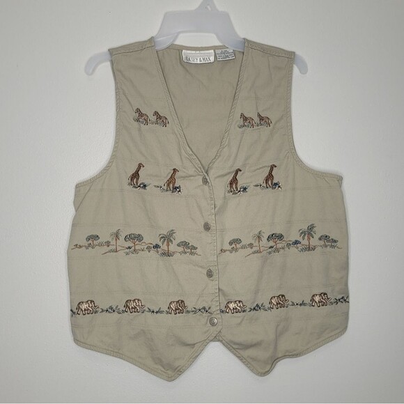 Vintage safari giraffe elephant button front tan tie back quirky vest size large - Picture 1 of 5